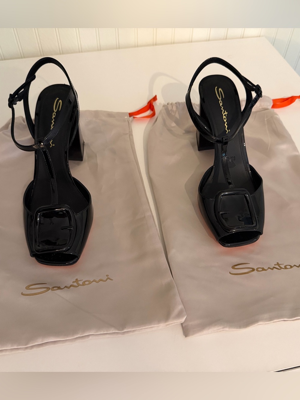 Santoni Black Patent Leather T-Strap Block Heels with Buckle Accent